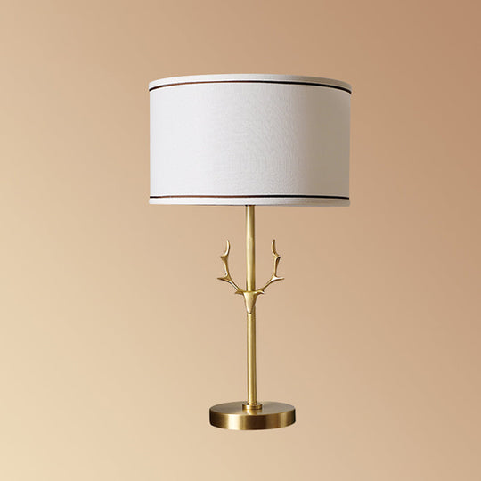 Antler Decor Fabric Drum Table Lamp - Simplicity 1 Bulb, White Bedside Nightstand Light