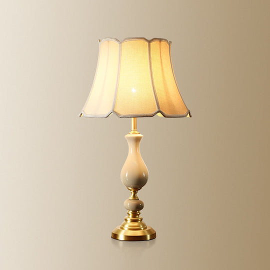 White Fabric Scalloped Bell Table Lamp - Simplicity Design, Ceramic Decor