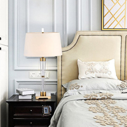 Modern Fabric Drum Table Lamp with Crystal Base - Tapered Design, White