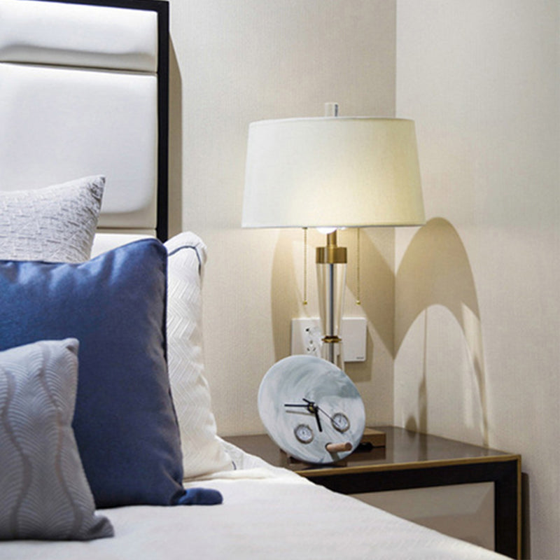 Modern Fabric Drum Table Lamp with Crystal Base - Tapered Design, White