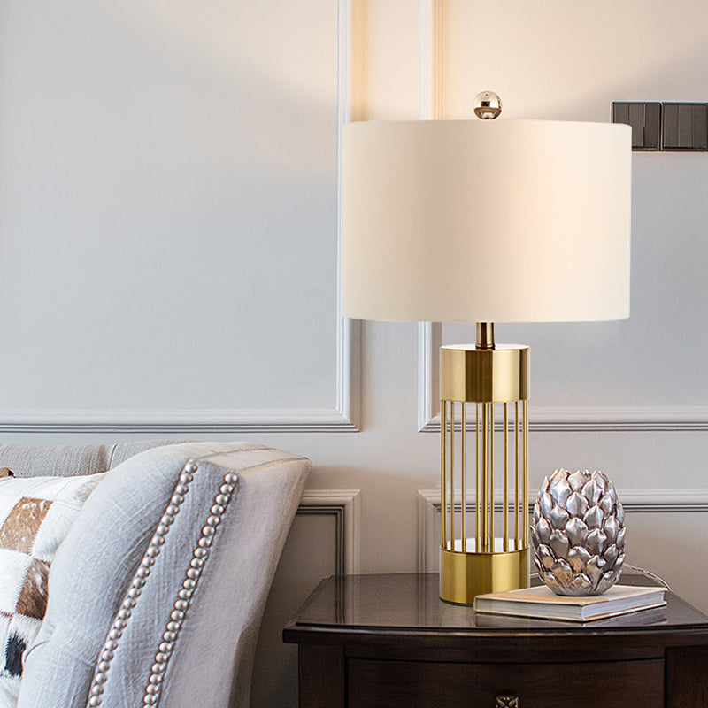 Contemporary Metallic Cylinder Table Light - Single-Bulb Bedside Lamp with White Drum Fabric Shade