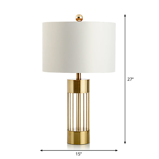 Contemporary Metallic Cylinder Table Light - Single-Bulb Bedside Lamp with White Drum Fabric Shade