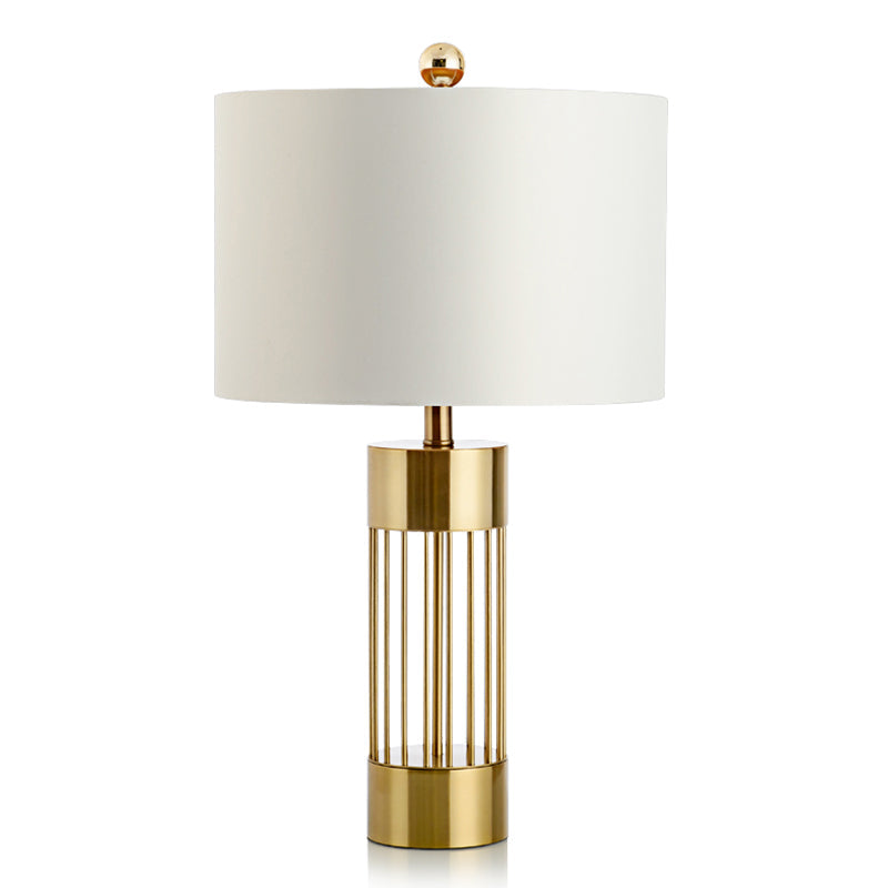 Contemporary Metallic Cylinder Table Light - Single-Bulb Bedside Lamp with White Drum Fabric Shade