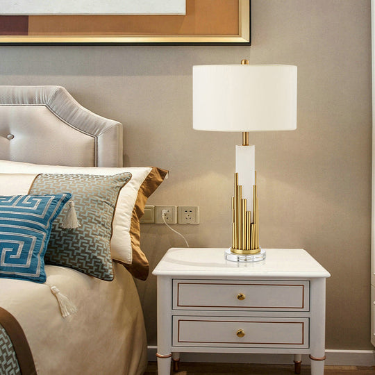 Simple Style Fabric Drum Shade Table Lamp with White Nightstand Light for Living Room - 1 Bulb