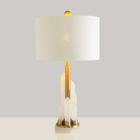 Minimalist 1-Head Fabric Bedside Lamp with Mica Base in White - Drum Table Lighting
