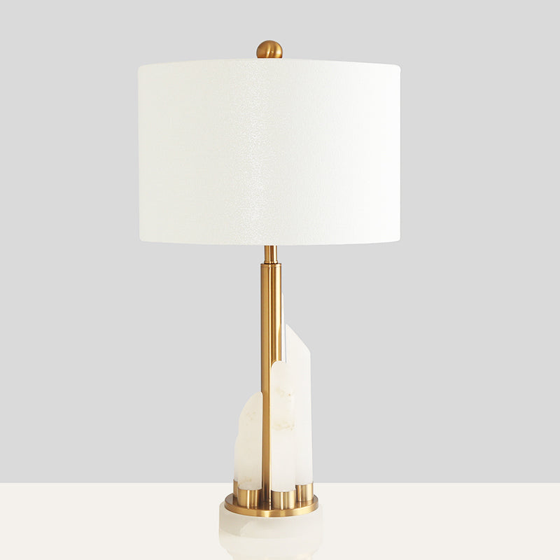 Minimalist 1-Head Fabric Bedside Lamp with Mica Base in White - Drum Table Lighting
