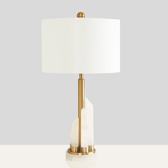 Minimalist 1-Head Fabric Bedside Lamp with Mica Base in White - Drum Table Lighting