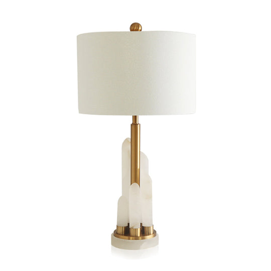 Minimalist 1-Head Fabric Bedside Lamp with Mica Base in White - Drum Table Lighting