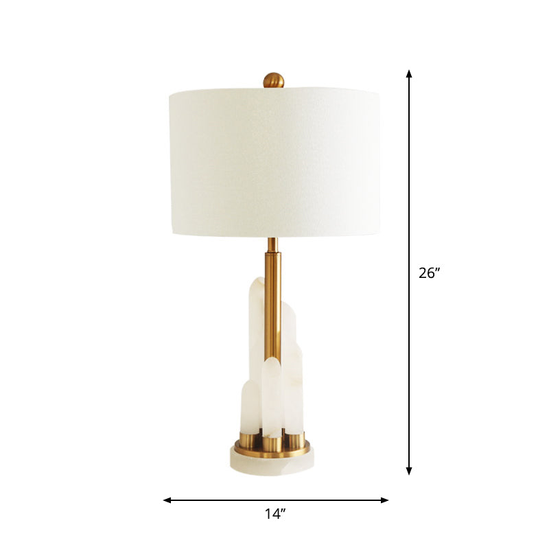Minimalist 1-Head Fabric Bedside Lamp with Mica Base in White - Drum Table Lighting