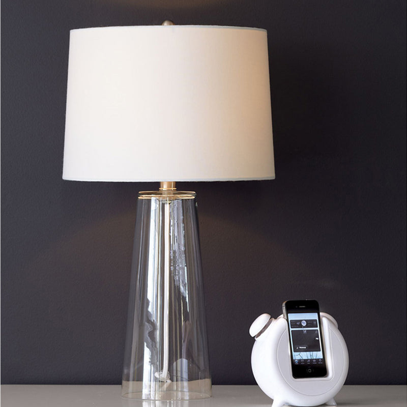 Modern Clear Handblown Glass Tapered Table Lamp with White Fabric Shade - Single Living Room Nightstand Lighting