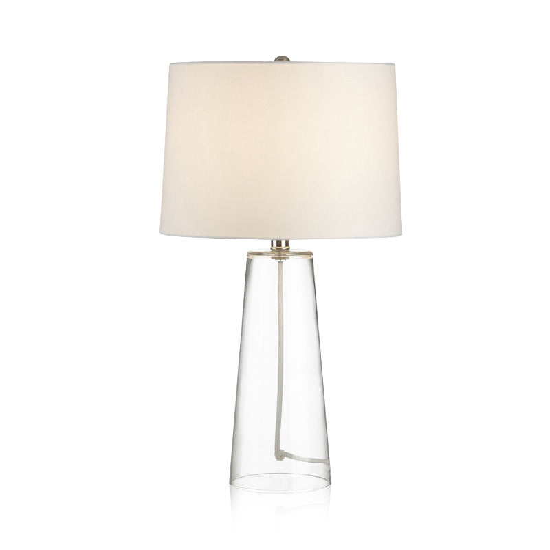 Modern Clear Handblown Glass Tapered Table Lamp with White Fabric Shade - Single Living Room Nightstand Lighting