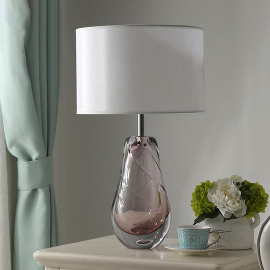 Handblown Glass Pear Living Room Table Lamp, Modern White Nightstand Light with Fabric Drum Shade