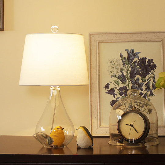 Nordic Empire Shade Table Lamp with Clear Glass Base - White Fabric - Single Living Room Nightstand Accent