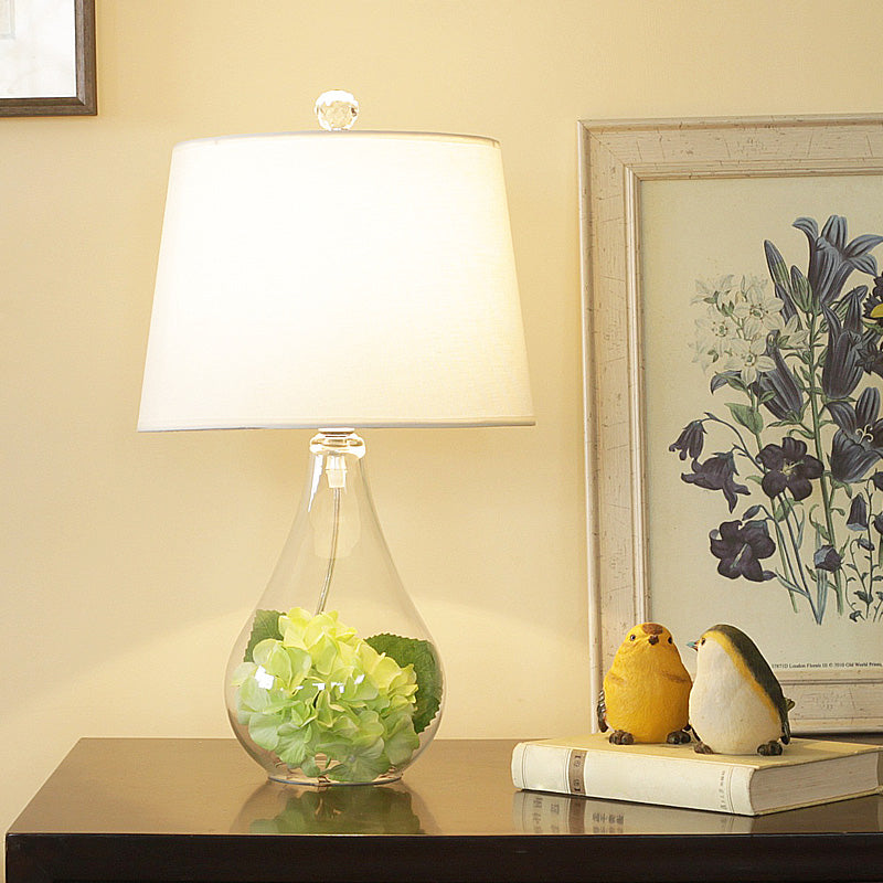 Nordic Empire Shade Table Lamp with Clear Glass Base - White Fabric - Single Living Room Nightstand Accent