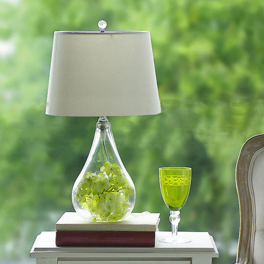 Nordic Empire Shade Table Lamp with Clear Glass Base - White Fabric - Single Living Room Nightstand Accent