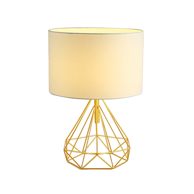 Diamond Cage Bedside Table Lamp - Metallic Finish, Minimalist Design and Drum Fabric Shade"