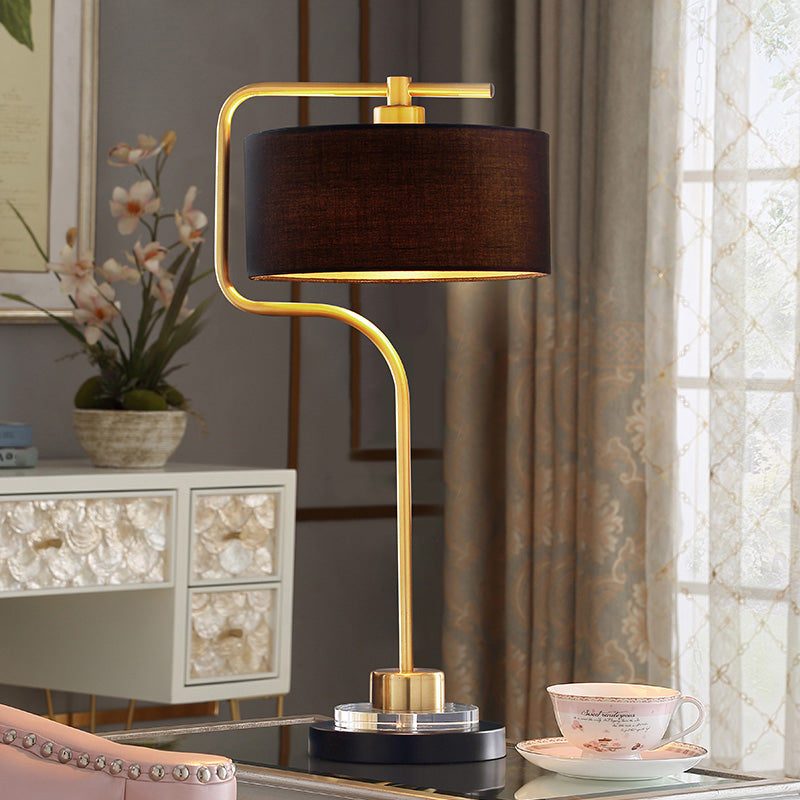 Vintage Black Table Lamp with Drum Shade - Single-Bulb Nightstand Light for Living Room