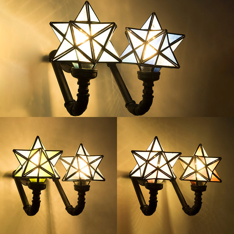 Stained Glass Star Sconce Lamp for Rustic Kitchen, Double Wall Lighting in Pink/Green/Blue