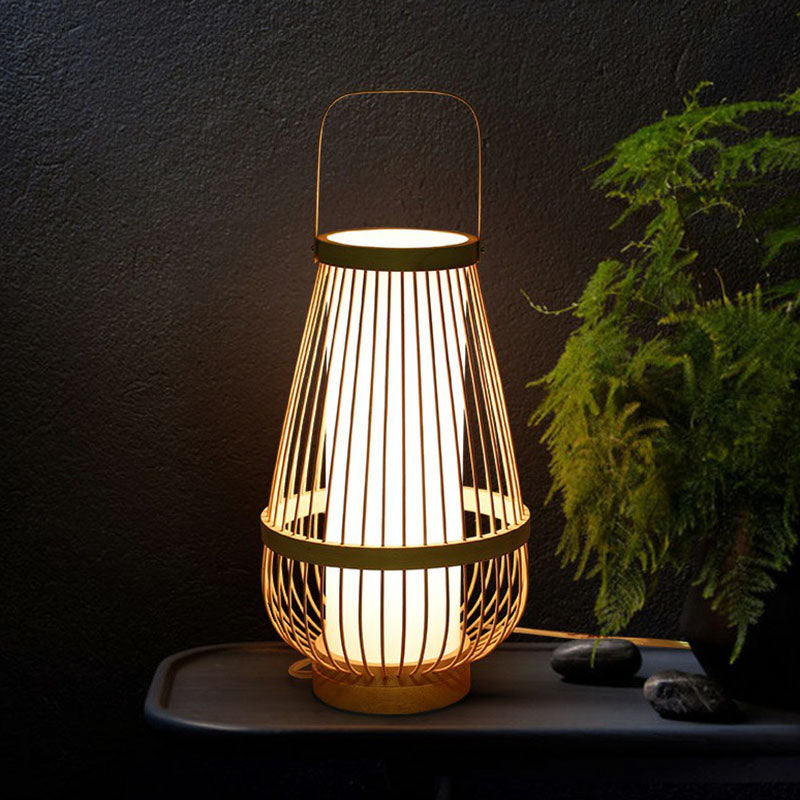 Minimalist Bamboo Table Lamp: Basket Shape, 1 Head Wood Nightstand Light for Restaurants