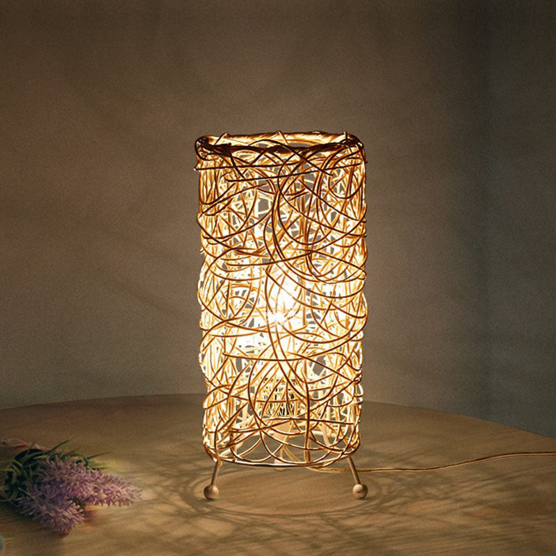 Rattan Cylindrical Table Lamp: Modern Style, Single-Bulb Nightstand Lighting for Living Rooms