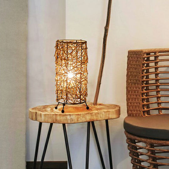 Rattan Cylindrical Table Lamp: Modern Style, Single-Bulb Nightstand Lighting for Living Rooms