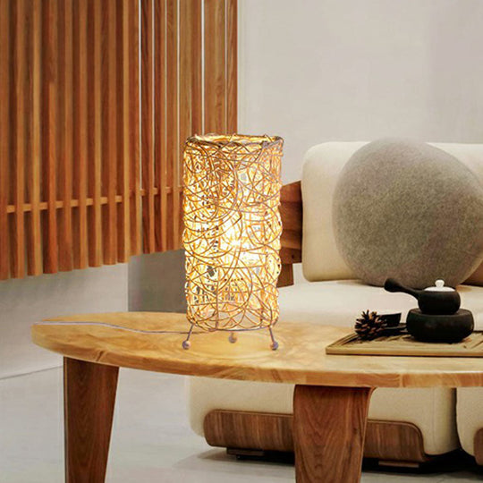Rattan Cylindrical Table Lamp: Modern Style, Single-Bulb Nightstand Lighting for Living Rooms