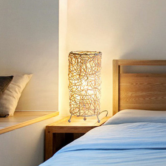 Rattan Cylindrical Table Lamp: Modern Style, Single-Bulb Nightstand Lighting for Living Rooms