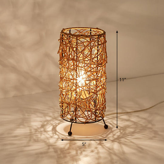 Rattan Cylindrical Table Lamp: Modern Style, Single-Bulb Nightstand Lighting for Living Rooms
