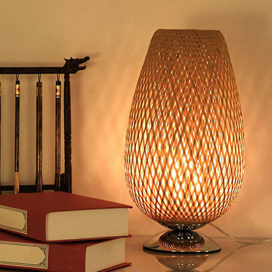 Sleek Egg-Like Rattan Bedside Table Lamp - Single-Bulb Nightstand Light with Wood Accent