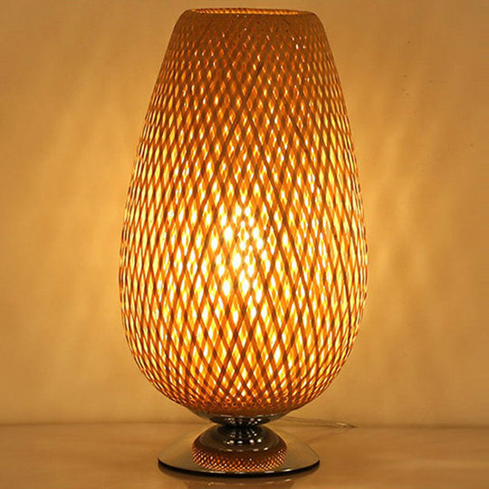 Sleek Egg-Like Rattan Bedside Table Lamp - Single-Bulb Nightstand Light with Wood Accent