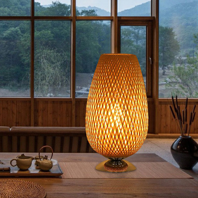 Sleek Egg-Like Rattan Bedside Table Lamp - Single-Bulb Nightstand Light with Wood Accent