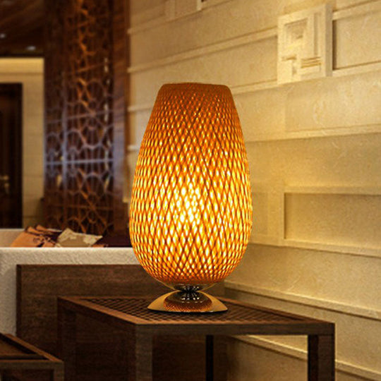Sleek Egg-Like Rattan Bedside Table Lamp - Single-Bulb Nightstand Light with Wood Accent