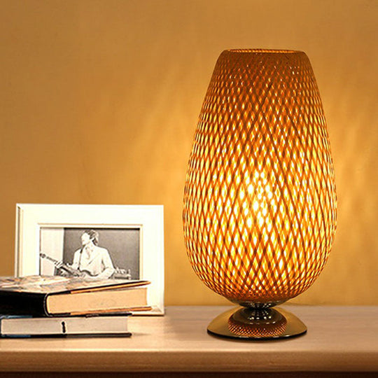 Sleek Egg-Like Rattan Bedside Table Lamp - Single-Bulb Nightstand Light with Wood Accent