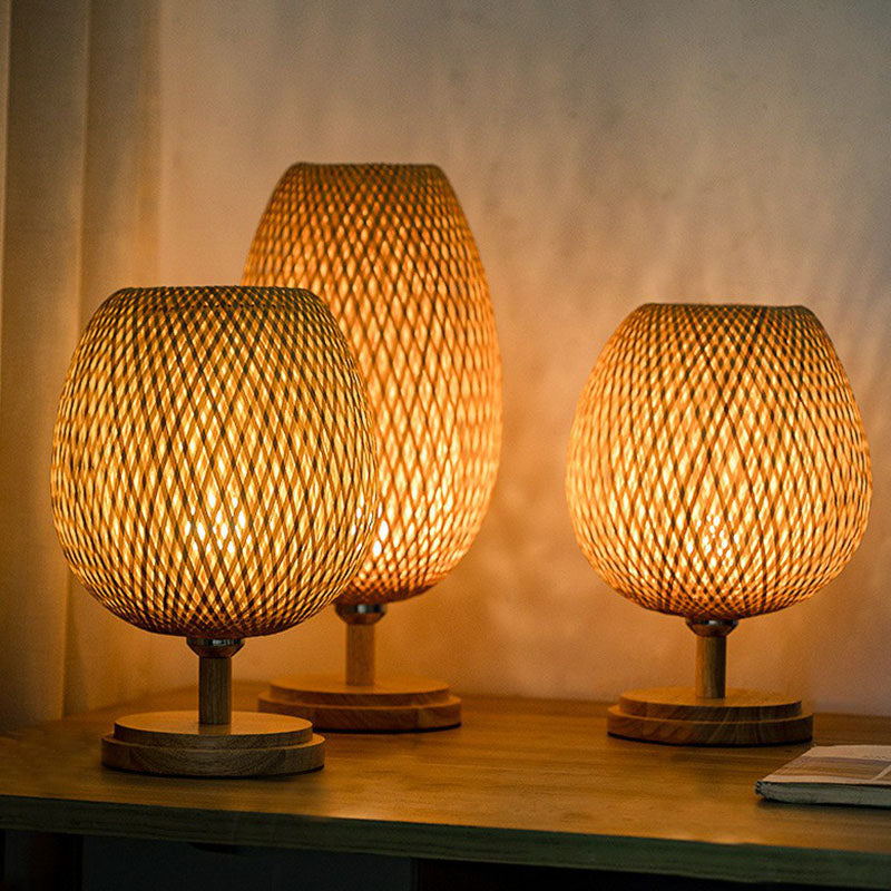 Nordic Style Bamboo Wood Table Lamp - Wineglass Design, 1 Bulb Nightstand Light for Bedroom