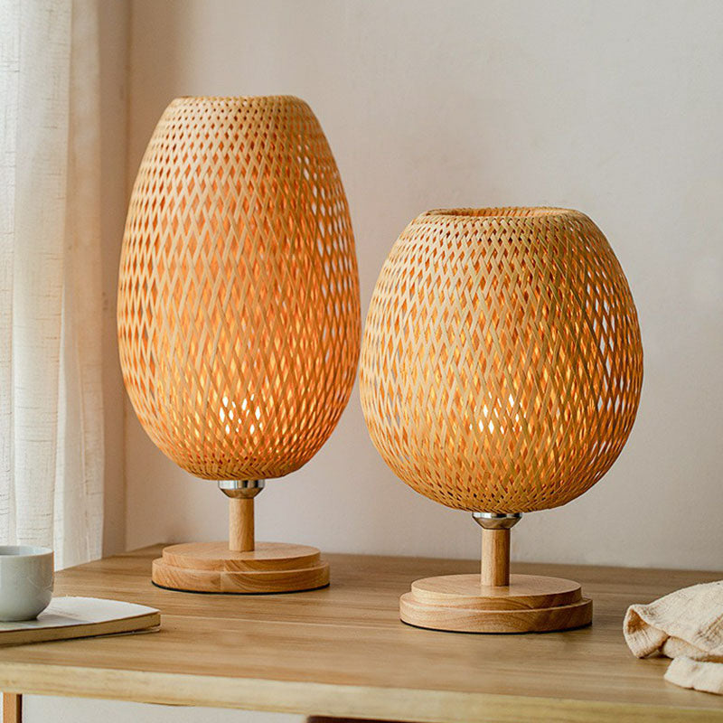Nordic Style Bamboo Wood Table Lamp - Wineglass Design, 1 Bulb Nightstand Light for Bedroom