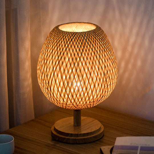 Nordic Style Bamboo Wood Table Lamp - Wineglass Design, 1 Bulb Nightstand Light for Bedroom
