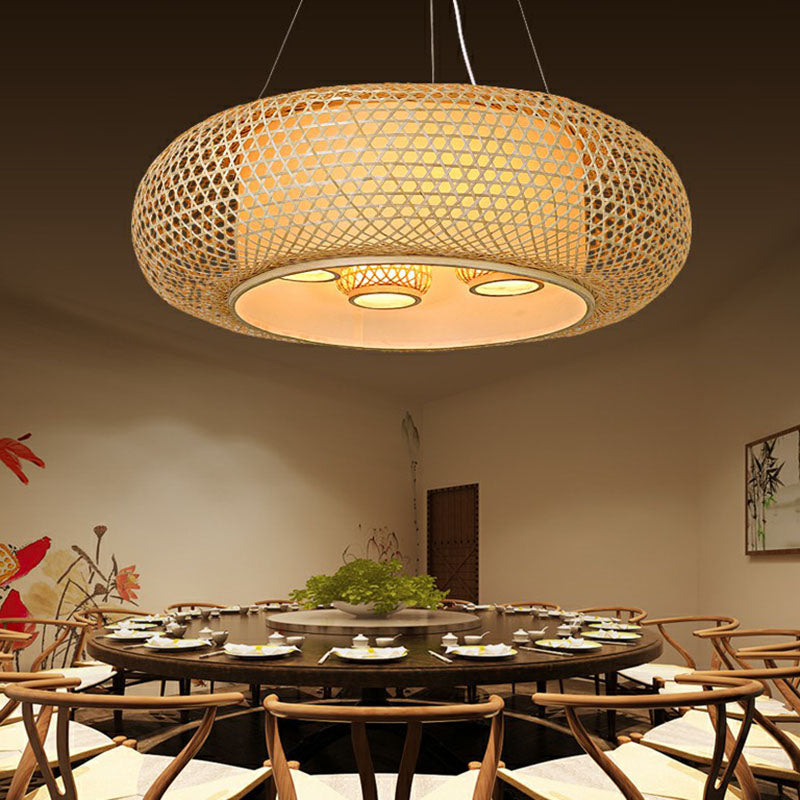 Pumpkin Bamboo Ceiling Light Fixture - South-east Asian Design - 4 Bulbs Wood Chandelier