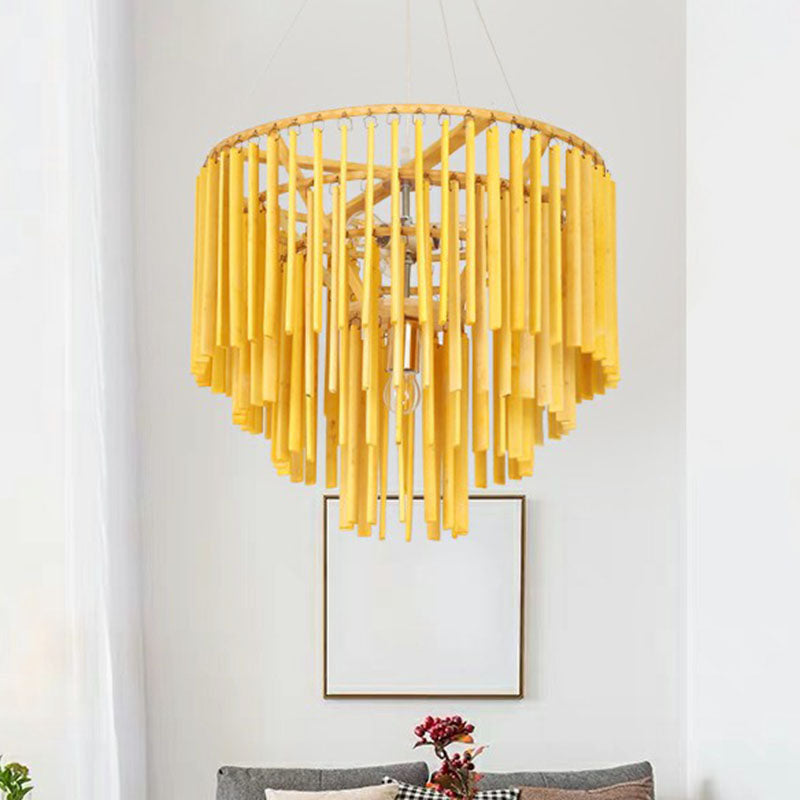 Contemporary Bamboo Pendant Light - Yellow Tiered Chandelier with 4 Heads for Restaurants