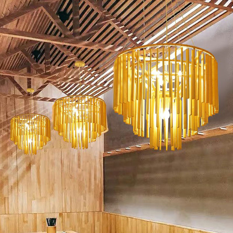Contemporary Bamboo Pendant Light - Yellow Tiered Chandelier with 4 Heads for Restaurants