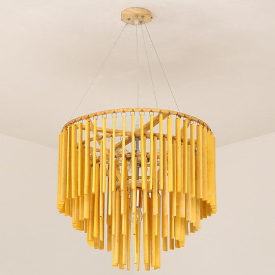 Contemporary Bamboo Pendant Light - Yellow Tiered Chandelier with 4 Heads for Restaurants