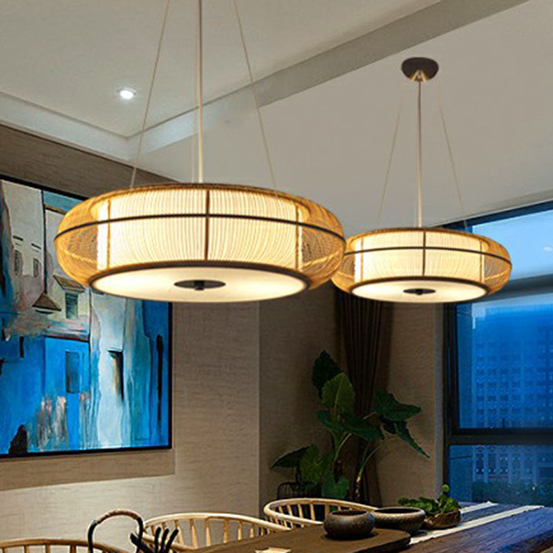Bamboo Tea Room Chandelier - Curved Drum Suspension Light with South-east Asian Influence