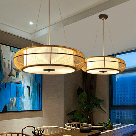 Bamboo Tea Room Chandelier - Curved Drum Suspension Light with South-east Asian Influence