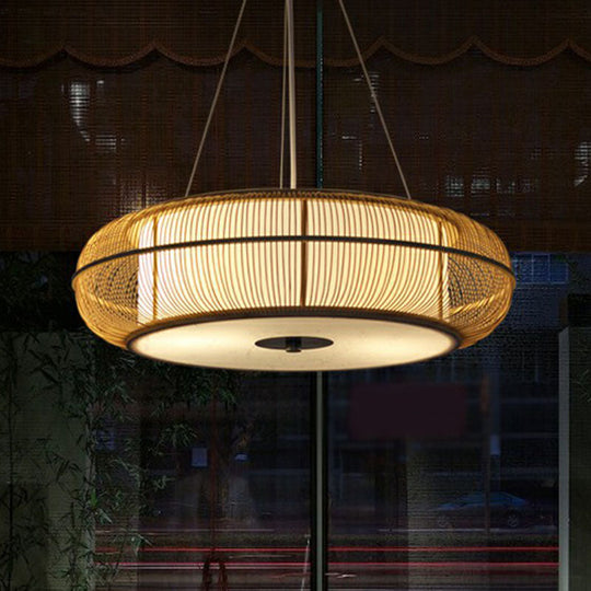Bamboo Tea Room Chandelier - Curved Drum Suspension Light with South-east Asian Influence