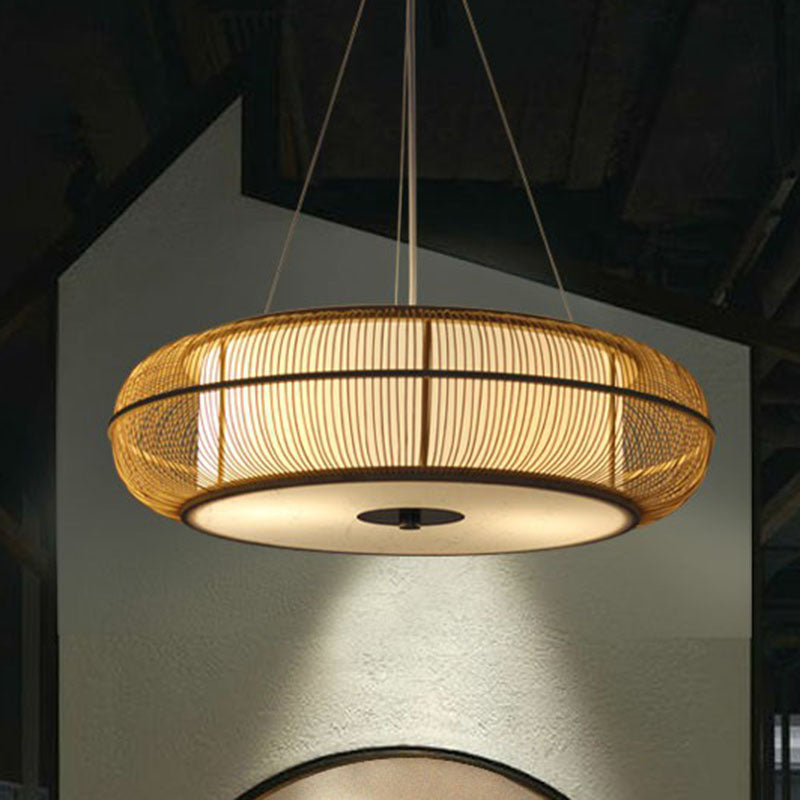 Bamboo Tea Room Chandelier - Curved Drum Suspension Light with South-east Asian Influence