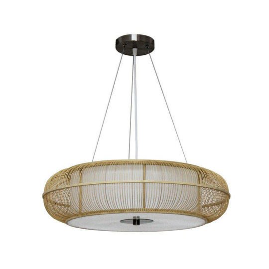 Bamboo Tea Room Chandelier - Curved Drum Suspension Light with South-east Asian Influence