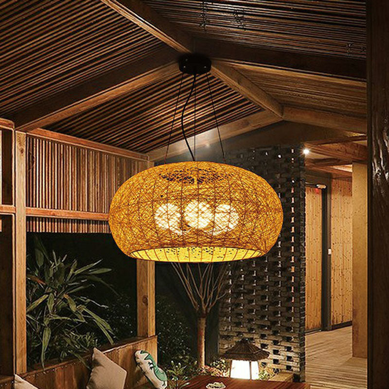 South-East Asian Rattan Curved Drum Ceiling Chandelier with 3 Heads - Lighting Fixture
