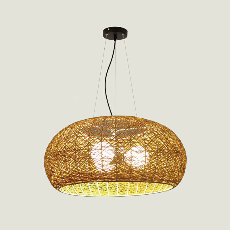 South-East Asian Rattan Curved Drum Ceiling Chandelier with 3 Heads - Lighting Fixture
