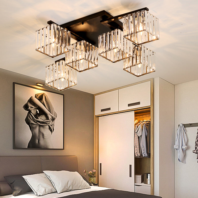 Modern Black/Gold Cubic Flush Mount Crystal Ceiling Lighting - 4/6/8 Lights - for a Stylish Living Room