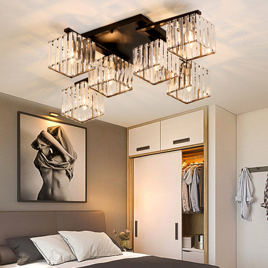 Modern Black/Gold Cubic Flush Mount Crystal Ceiling Lighting - 4/6/8 Lights - for a Stylish Living Room