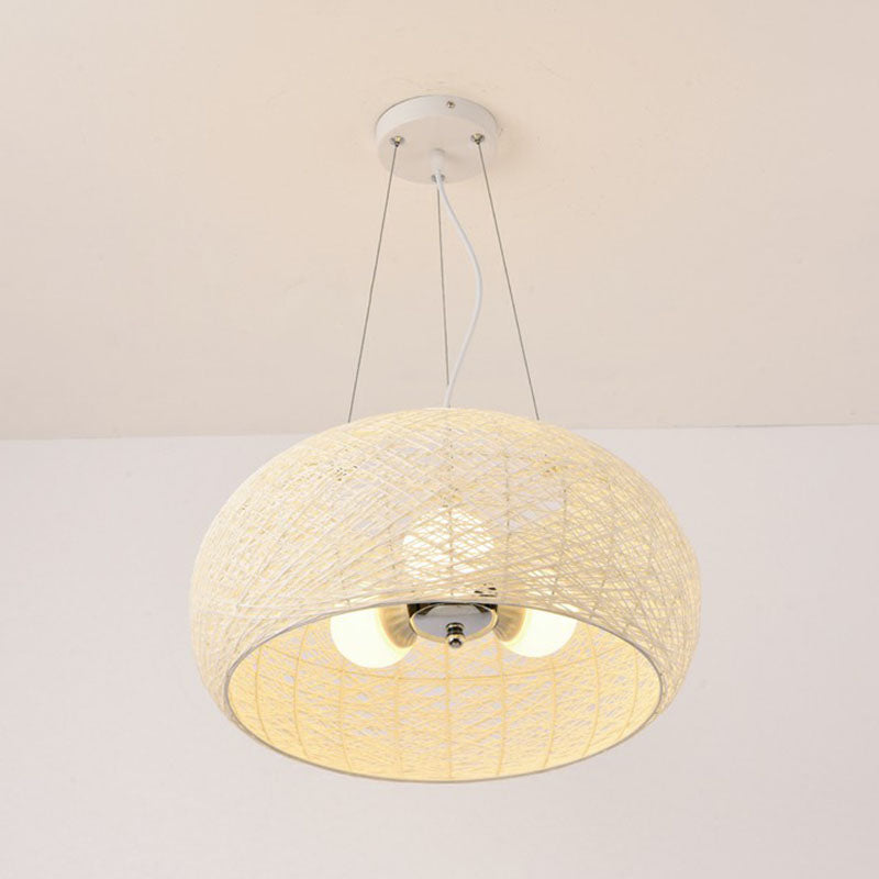 South-East Asian Rattan Curved Drum Ceiling Chandelier with 3 Heads - Lighting Fixture